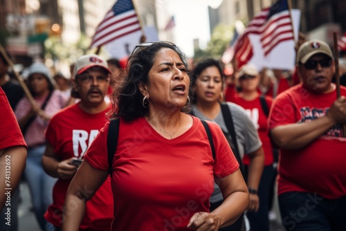 
Photograph a middle-aged Hispanic woman, aged 56, marching alongside others in a demonstration advocating for immigrant rights photo