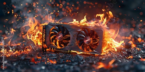 Potential Damage Risk from Overheated Graphics Card Emitting Flames and Smoke. Concept Graphics Card, Overheating, Fire Hazard, Potential Damage, Smoke Emission photo