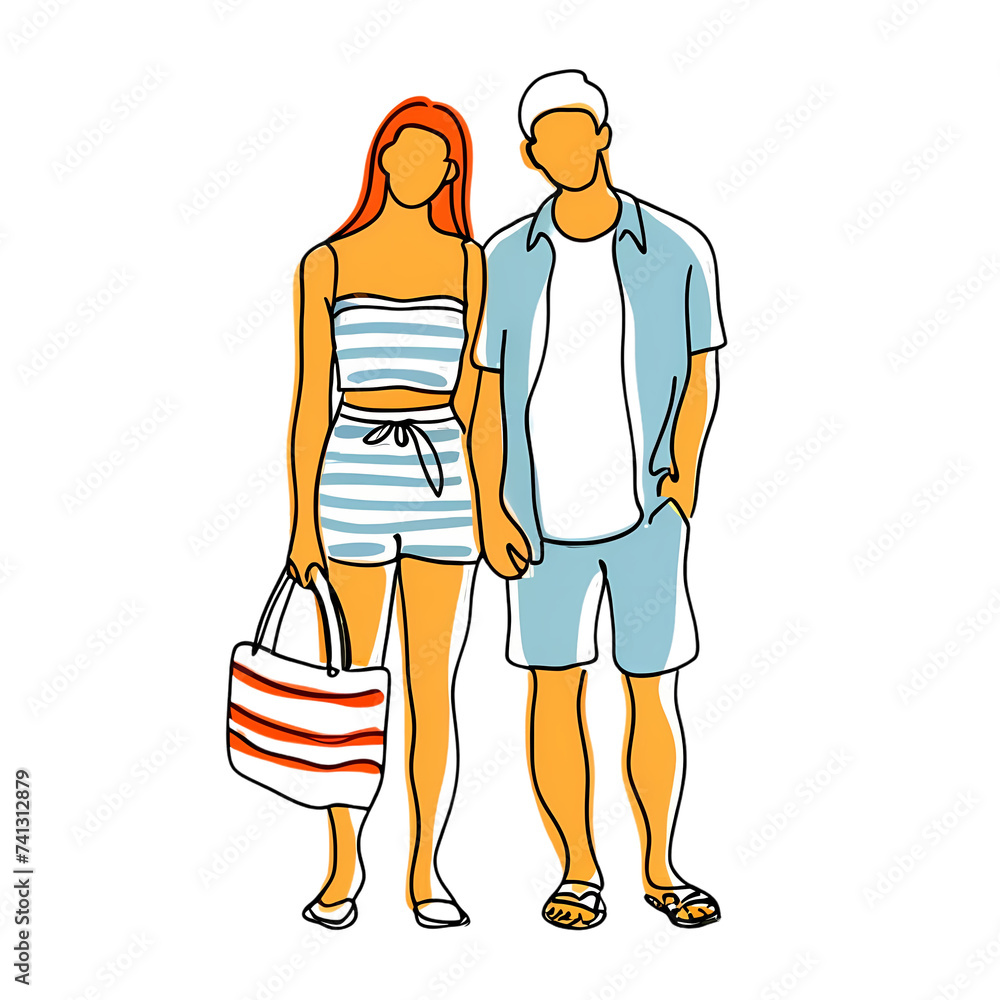 Minimalist full body illustration of man and woman. Wearing colorful summer outfit. Transparent background. Minimalist full body illustration of man and woman. Wearing colorful summer outfit. Transparent background.