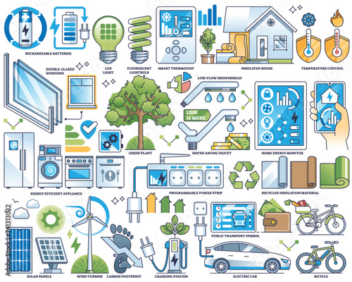 Energy efficiency and sustainable power usage in outline collection. Labeled elements with green and alternative electricity for smart home vector illustration. Effective solutions to save cost.