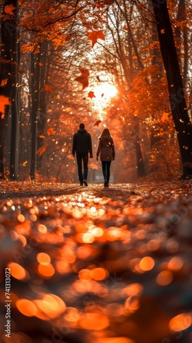 Two individuals strolling along a forest path during the autumn season.