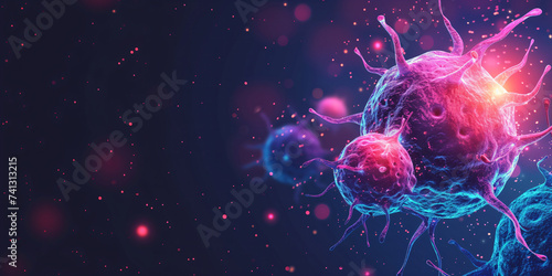 Tumor microenvironment background with cancer cells, T-Cells, nanoparticles, molecules and blood vessels. Oncology research concept photo