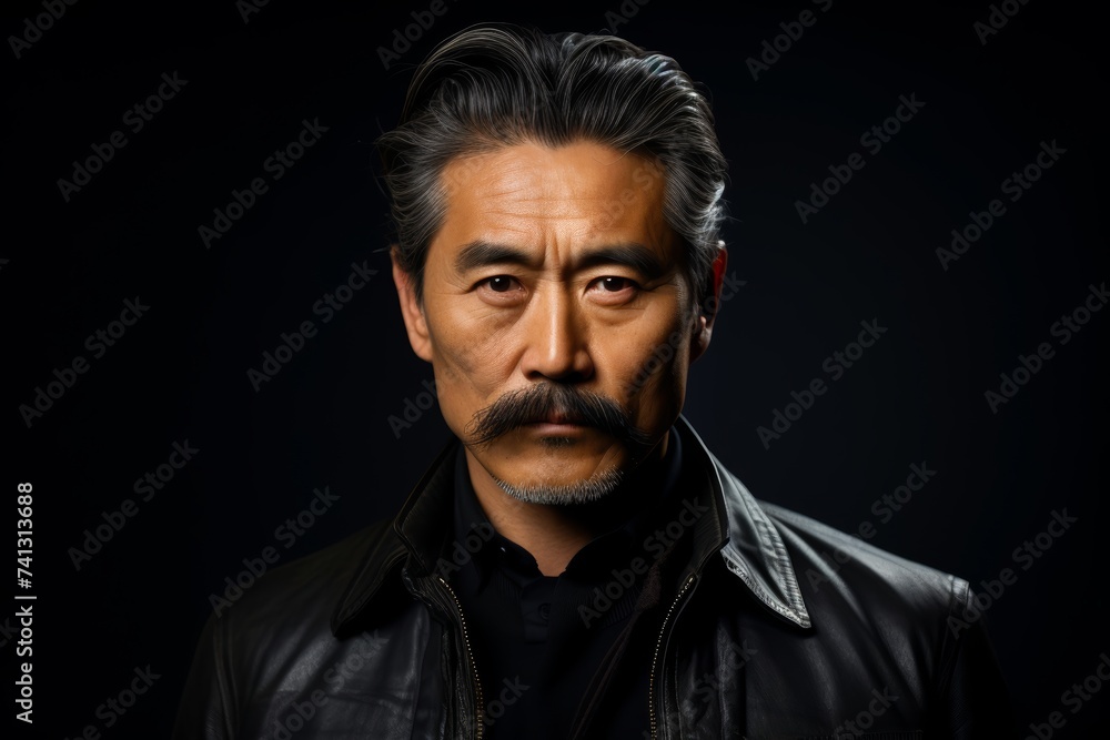 A stylish image of a middle-aged Asian man sporting a meticulously groomed handlebar mustache, complemented by a soul patch beard, exuding confidence and character, against a dark, moody backdrop. A stylish image of a middle-aged Asian man sporting a meticulously groomed handlebar mustache, complemented by a soul patch beard, exuding confidence and character, against a dark, moody backdrop.