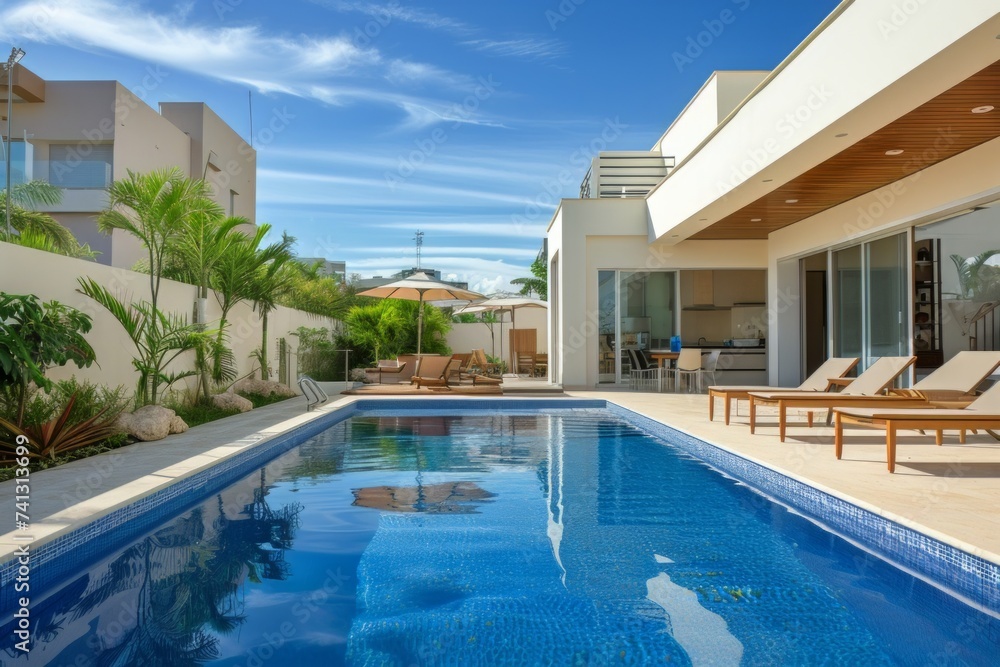 A modern street-side home features an inviting swimming pool surrounded by comfortable lounge chairs.