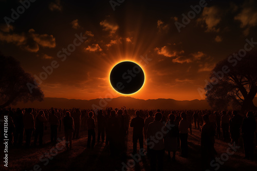 Crowd of people watching an annular solar eclipse, illustration for the total eclipse of the sun in April 2024 imagined by AI - not the actual event