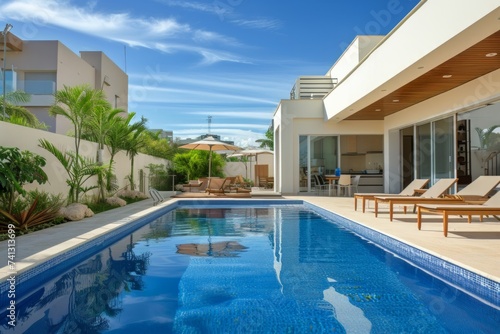 A modern street-side home features an inviting swimming pool surrounded by comfortable lounge chairs. © Yana