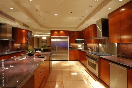 A Modern Kitchen With Stainless Steel Appliances and Wood Cabinets