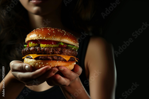 Young Girl Holding Burger. tasty burger. woman holding juicy hamburger in hands close up. summertime. summer vacation picnic. space for text. girl with hamburger at street food festival.