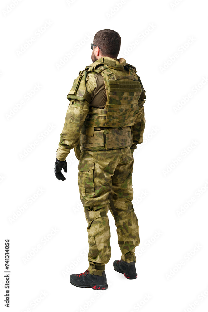 Back view of male soldier in military uniform isolated on white background Back view of male soldier in military uniform isolated on white background