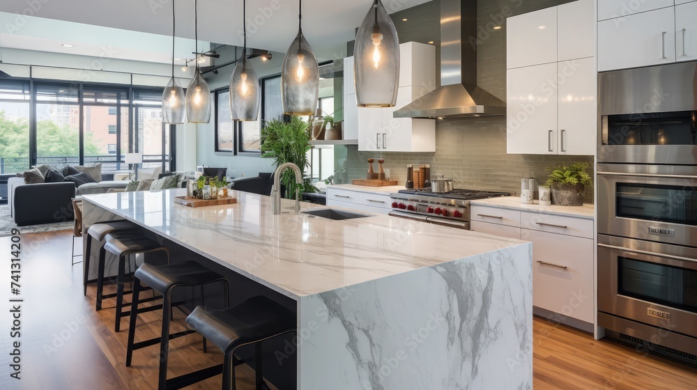 CHICAGO, IL, USA - OCTOBER 12, 2020 A modern, luxurious white and grey kitchen with Bosch stainless steel appliances, a waterfall granite island, glass pendant lights, and hardwood flooring CHICAGO, IL, USA - OCTOBER 12, 2020 A modern, luxurious white and grey kitchen with Bosch stainless steel appliances, a waterfall granite island, glass pendant lights, and hardwood flooring