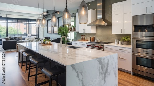 CHICAGO, IL, USA - OCTOBER 12, 2020 A modern, luxurious white and grey kitchen with Bosch stainless steel appliances, a waterfall granite island, glass pendant lights, and hardwood flooring