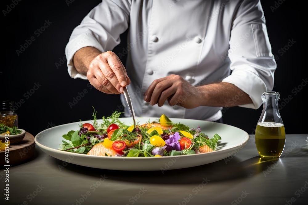 A chef creatively plating a colorful salad featuring an assortment of allergen-free ingredients, demonstrating the aesthetic appeal and culinary possibilities of New Food Restrictions