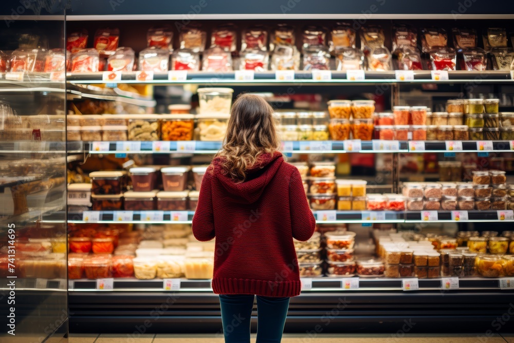 A woman exploring the aisles of a health food store, discovering new products that cater to their New Food Restrictions, with excitement and curiosity