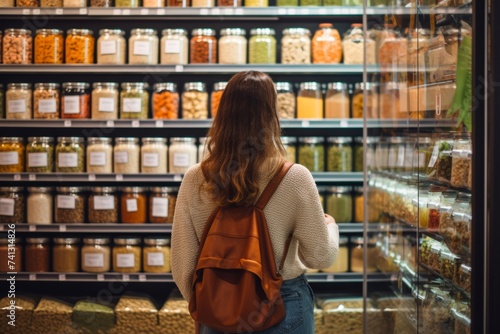 A shopper browsing through a wide selection of plant-based protein products, embracing New Food Restrictions for ethical and health reasons, with FDA-approved packaging visible photo