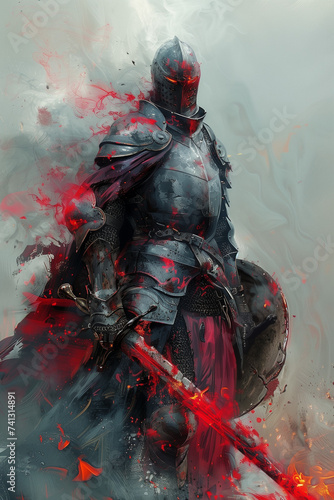 a human necromancer with necrotic skin and crimson eerie eyes, with a sword and shield 
