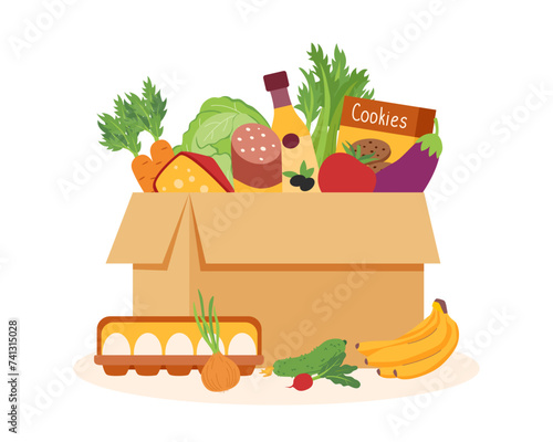 Shopping paper box with food isolated on white background. Shopping concept. Delivery concept.