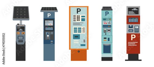 Set of self-pay parking meters isolated on white background. Technology concept. Contactless payment concept. Payment for parking. photo