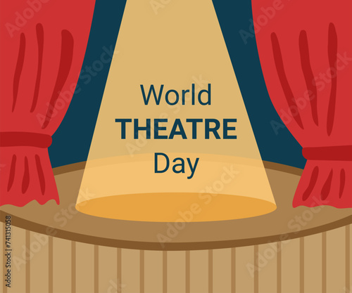 World Theatre Day background. A theater stage with red curtains and a beam of light on it.