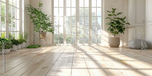 Light maple wooden parquet flooring creates a bright and airy contemporary space.