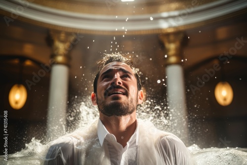
Young Catholic priest in his 30s performing a baptism ceremony in a vibrant Latin American church photo