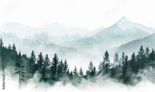 Digital painting of mountains and coniferous forest on a white background © Alice