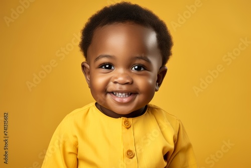  1-year-old Nigerian toddler boy in vibrant Nigerian dress against a soft yellow pastel solid background, copy space