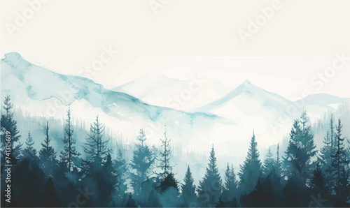 Digital painting of mountains and coniferous forest on a white background