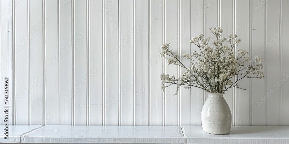 Vertical white wooden planks create clean lines and a modern wall treatment. - obrazy, fototapety, plakaty 