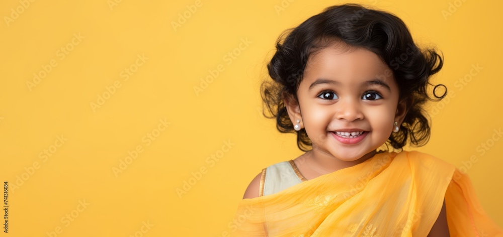 2-year-old Indian toddler girl in a colorful sari against a light yellow pastel solid background, copy space
2-year-old Indian toddler girl in a colorful sari against a light yellow pastel solid background, copy space