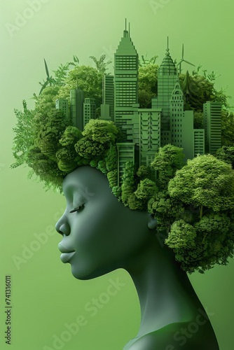 A Visionary Representation of a Sustainable Future with Green Cityscape Growing from a Womans Silhouette, Generative AI