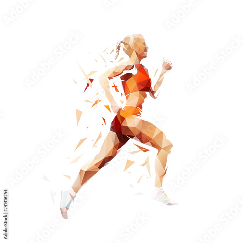 Run, running woman, isolated low poly vector illustration, side view