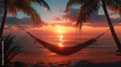 Hammock Hanging Between Two Palm Trees on a Beach