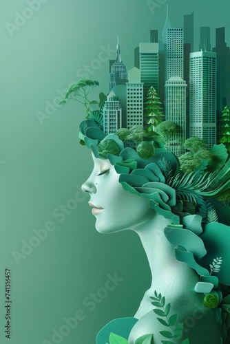 A Visionary Representation of a Sustainable Future with Green Cityscape Growing from a Womans Silhouette, Generative AI