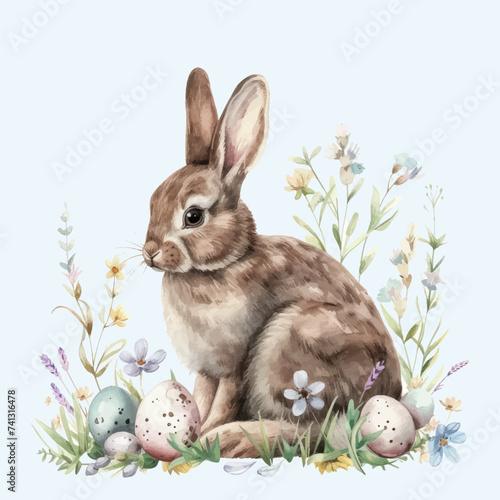 Easter basket with eggs and bunny decorated with flowers. Happy easter