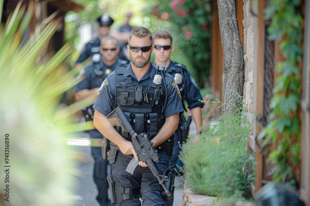 Professional image of a group of police officers walking down a street.