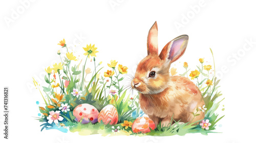 Easter basket with eggs and bunny decorated with flowers. Happy easter