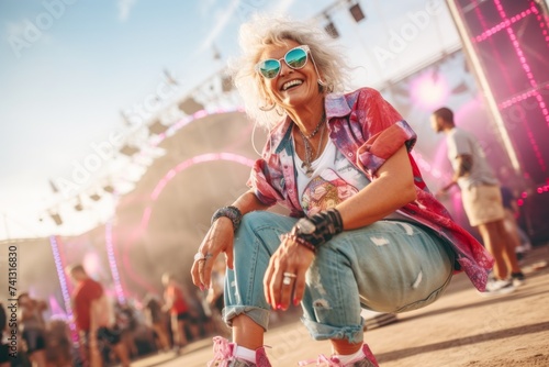 Mature woman in sunglasses sitting on the floor of a music festival