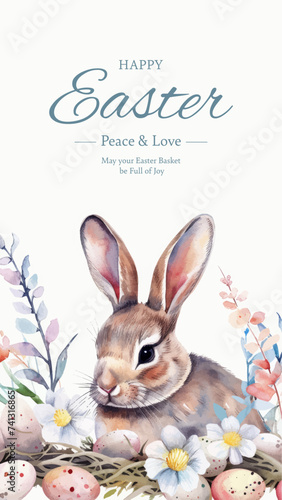 Easter basket with eggs and bunny decorated with flowers. Happy easter