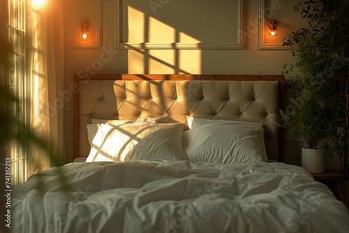 A modern bedroom featuring a cozy atmosphere with a bed adorned in white sheets and pillows.