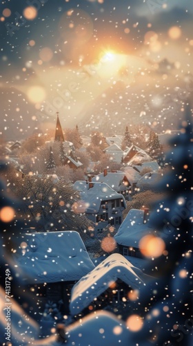 A photo capturing the view of a town covered in snow as seen through a window, with bokeh effect from holiday decorations.