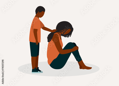 Black Mother With Depression Sitting On Floor Ignoring Her Little Son Who Is Trying To Comfort Her. Full Length. Flat Design.
