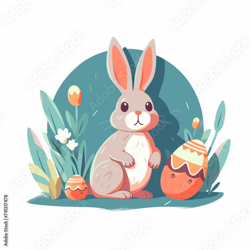 Easter basket with eggs and bunny decorated with flowers. Happy easter