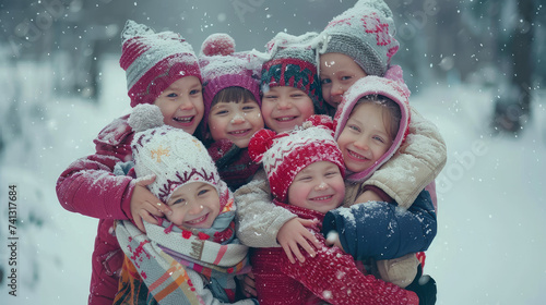 Group of kids wrapped up in warm clothes hugging together in snow winter