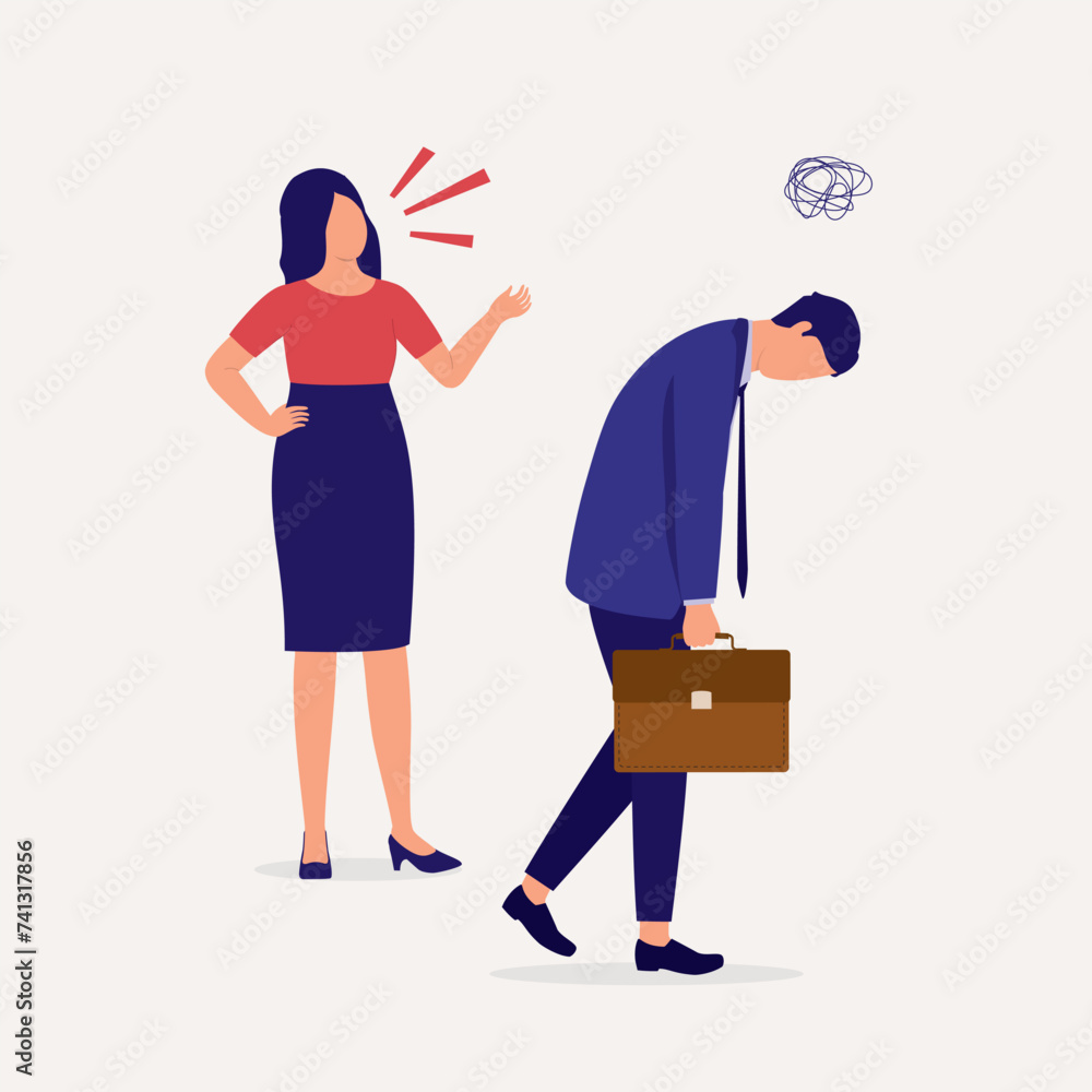 Unhappy Wife Keeps On Nagging At Her Husband When He Just Came Home From Work Feeling So Tired And Stressful. Full Length. Flat Design. Unhappy Wife Keeps On Nagging At Her Husband When He Just Came Home From Work Feeling So Tired And Stressful. Full Length. Flat Design.