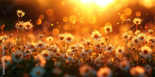 A field filled with white flowers is illuminated by the sun shining in the background.
