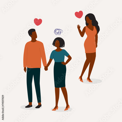 Angry Black Wife Caught Her Husband Looking At Another Beautiful Young Woman. Full Length. Flat Design.