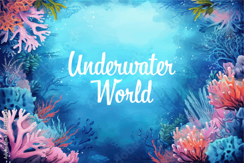 Underwater scene with coral reef, fish and seaweed. Vector watercolor illustration.