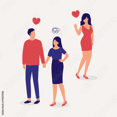Angry Wife Caught Her Husband Looking At Another Beautiful Young Woman. Full Length. Flat Design.