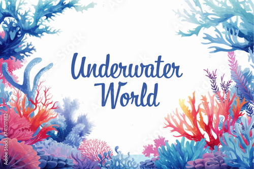 Underwater scene with coral reef, fish and seaweed. Vector watercolor illustration.