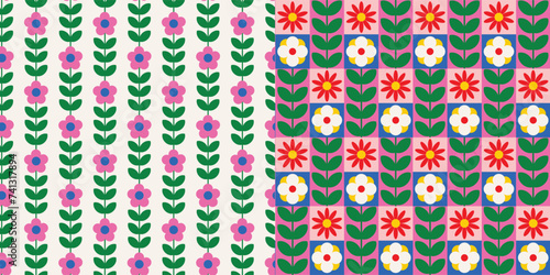 Geometric flowers seamless pattern set of two in bright colors. Background perfect for packaging, textile, wallpaper. 60s Retro inspired simple shapes geometric florals vector design.